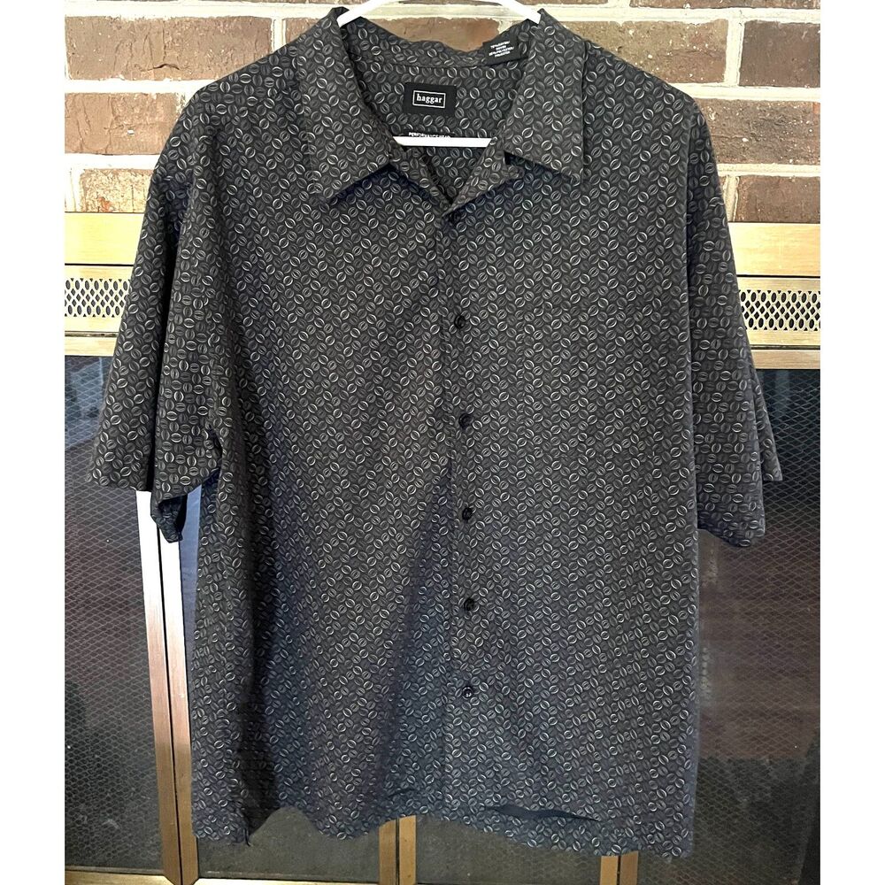 Haggar Performance Wear Men’s Large Button Up Black Geometric Print Shirt